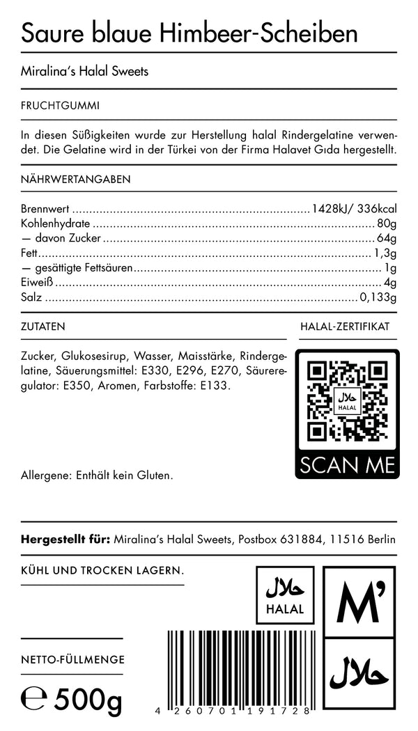 Saure blaue Himbeer-Scheiben (500g) - Miralina's Halal Sweets